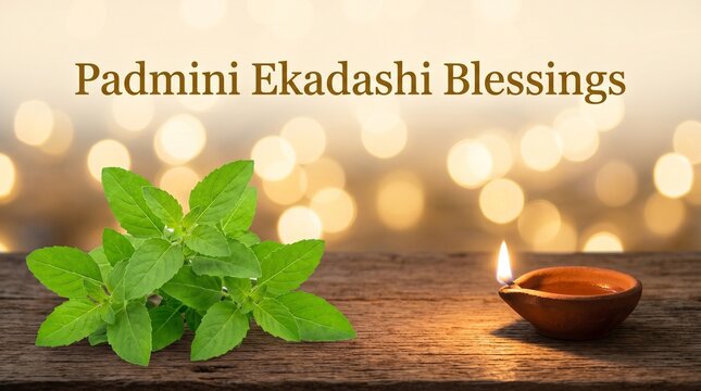 Image is a digital graphic featuring a serene and spiritual theme. The layout is horizontal, with a focus on a wooden surface in the foreground. On the left side, there is a cluster of fresh green bas