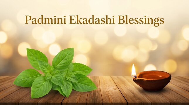 Image is a digital graphic featuring a serene and spiritual theme. The layout is horizontal, with a focus on a wooden surface in the foreground. On the left side, there is a cluster of fresh green bas