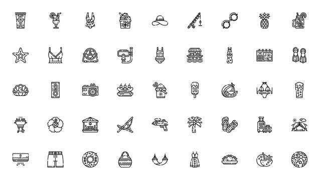 Summer icon set. Minimalist thin line icons pack. Featuring sunscreen, drink, swimsuit, ice cream, hat, sunglasses and more. Editable vector stroke.