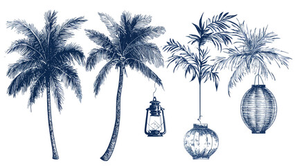 Obraz premium Stylized indigo illustrations of palm trees with lamps against a white backdrop