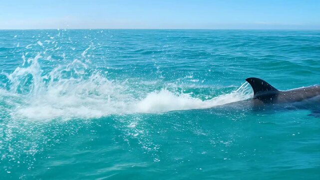 Amazing Dolphin Swimming and Jumping in the Clear Blue Ocean Water.