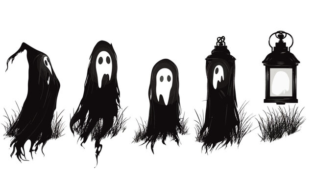 Cartoonish collection of ghostly figures with lanterns. White faces against black robes