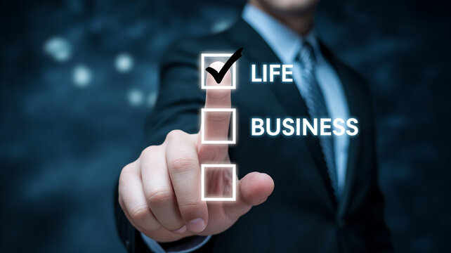 A businessman in a suit selecting a checkbox for life over business