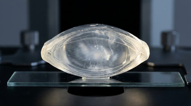 Close-up view of a clear intraocular lens implant, showcasing its crystalline structure and optical precision for vision correction surgery