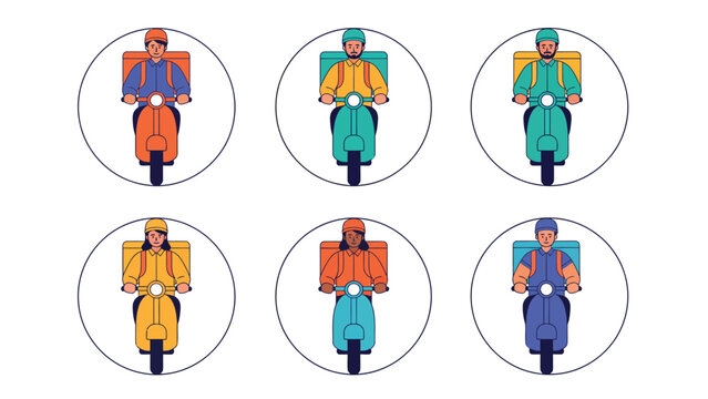 Set of six delivery people riding scooters with insulated bags, offering fast and efficient service.