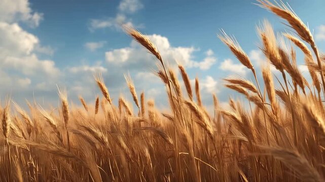青空の下の風になびく小麦畑のクローズアップ