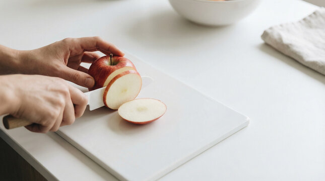 Minimalist food prep of slicing fresh apple on white cutting board with kitchen knife in bright natural light