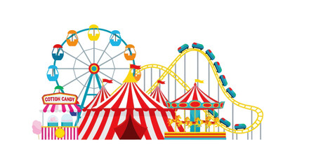 Obraz premium Amusement Park Rides: Ferris Wheel, Roller Coaster, Carousel, and Cotton Candy Stand