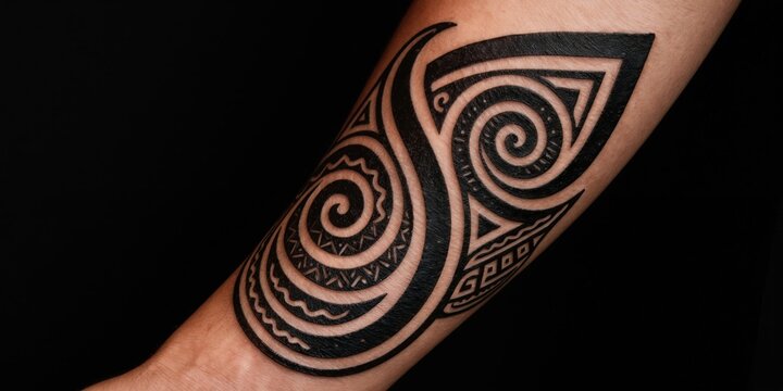 Close-up view of a detailed black tribal tattoo on a human forearm against a dark background. Swirling geometric patterns and lines create an intricate design on the skin.