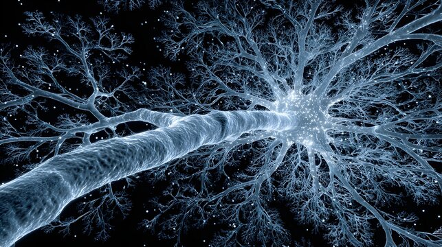 Detailed medical 3D look at a neuron cell with synapse firing. Human brain nervous system and neural network science.