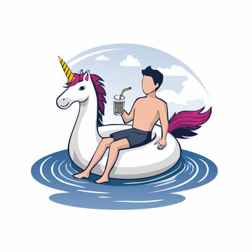 Man Relaxing on Unicorn Float with Drink