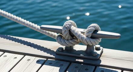 Fototapeta premium Nautical Metal Cleat with White Rope Tied in a Secure Knot on a Wooden
