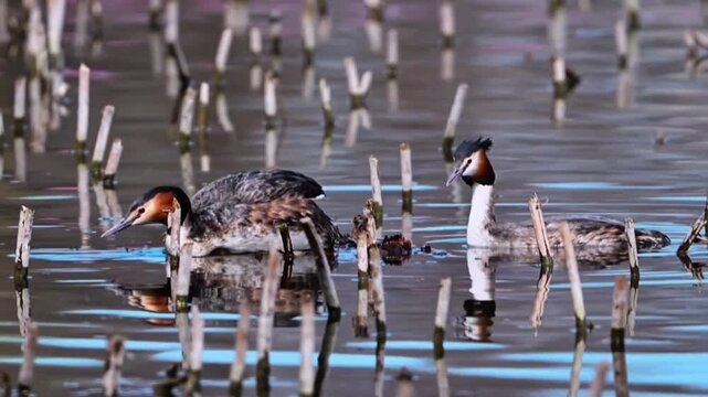 Two great crested grebes swimming among reeds in a calm lake