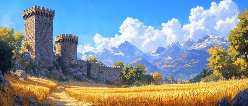 Stone castle towers on wheat field pathway under blue sky with mountains