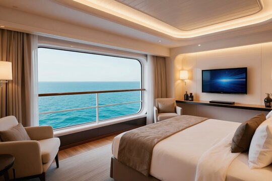 Modern cruise ship cabin with large window viewing ocean. Elegant suite offers comfortable bed, sitting chairs, and wall mounted TV. Luxury travel accommodations for relaxing voyage.