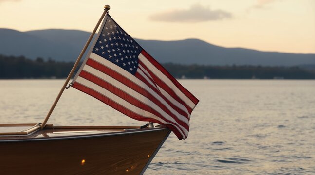 American flag waves on a wooden boat sailing on calm water at sunset. Mountains and trees form a scenic background on the horizon. This represents patriotism and freedom.
