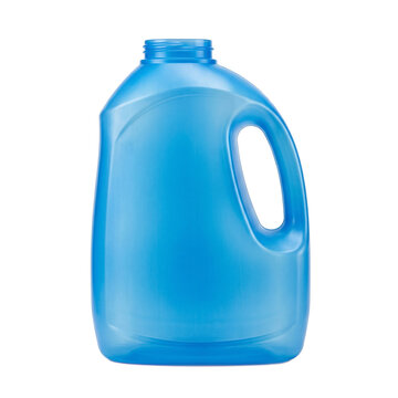 Transparent PNG blue plastic gallon jug with handle. empty translucent container for liquid products like detergent bleach or milk, white background