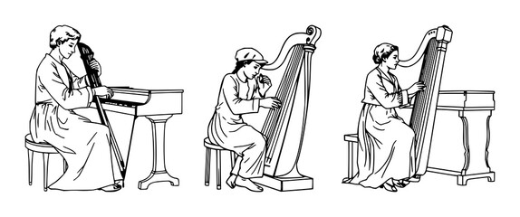 Harpsichord performer set with continuous line drawing featuring Baroque music, minimalist thin line, white background with single-line character and musical instrument © mdbakul