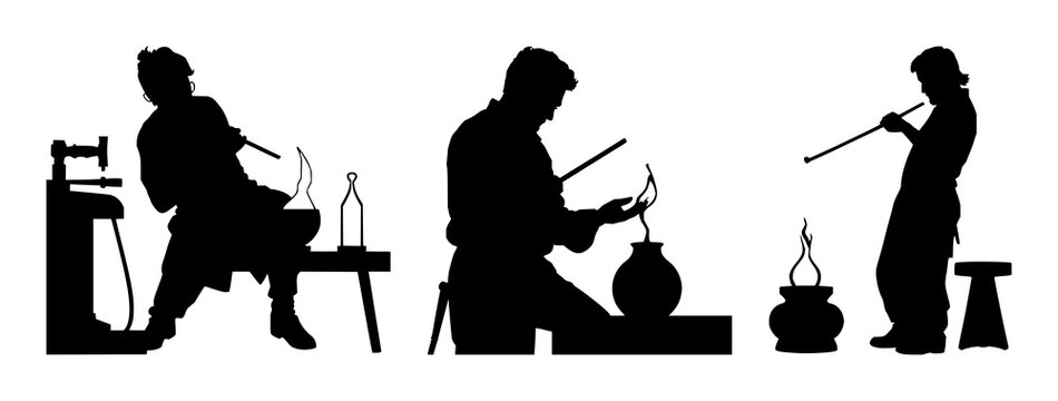 Glassblower set with solid black silhouette of artisan shaping molten glass with blowpipe featuring black line art, graphic illustration, craft with torch and furnace and white background