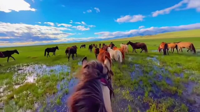 Herd of wild horses running through a flooded grassy field in mongolia
