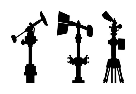 Wind gauge set with solid black silhouette and clean outlines featuring a weather station symbol, anemometer icon, line art with black outline and white background