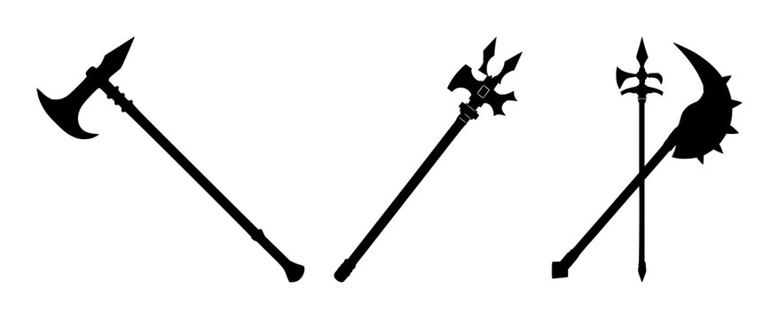 Medieval mace set with solid black silhouette on white background featuring high contrast, historical weaponry, spikes with black and white and illustration