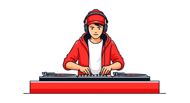 Young DJ in Red Hoodie Playing Music on Turntables with Headphones
