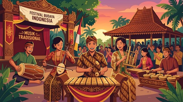 A detailed scene of men and women in traditional batik attire playing Gamelan instruments in an outdoor pavilion, capturing the warm atmosphere of a community cultural event