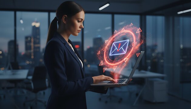 Young professional woman in business attire using laptop with email icon and security symbols floating above, symbolizing secure online communication and digital safety.