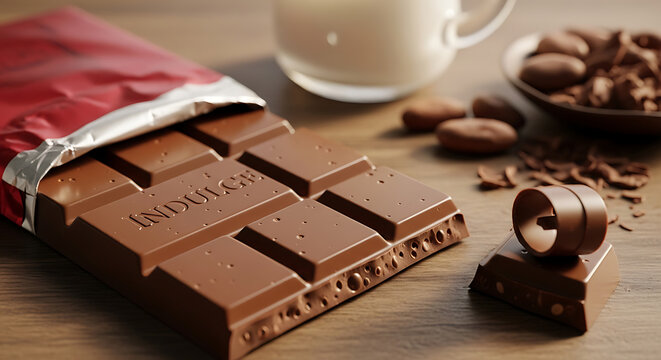 Delicious milk chocolate bar with wrapper and cocoa beans on transparent background