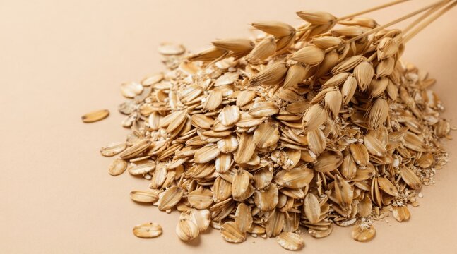 Oatmeal grains piled high with stalks on beige background. Whole rolled oats and oat groats for healthy breakfast food. Raw ingredient for porridge or muesli.