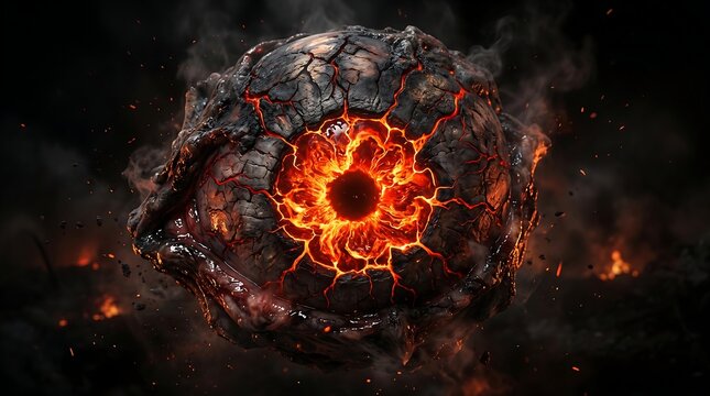 Eyeball sphere formed from charred rock features a brilliant fiery iris and erupts with volcanic debris.