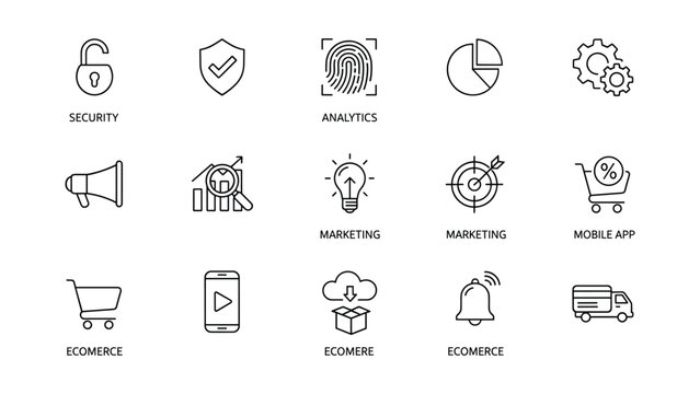 Professional set of fifteen minimalist black line icons for e-commerce and digital marketing business concepts on a clean white background for website UI and mobile app design interfaces