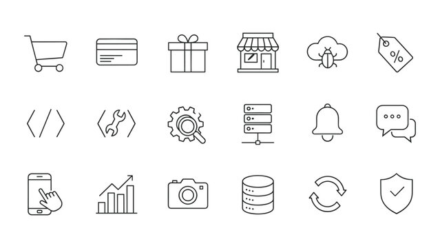 Clean vector icons set for software development and web infrastructure featuring server management and technical analysis symbols in a professional thin line style for modern digital platform layouts