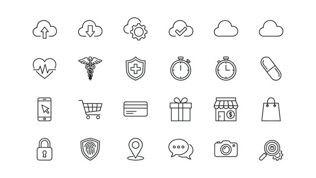 Professional collection of outline icons for digital infrastructure and ecommerce platforms featuring security and cloud computing symbols in a high resolution clean vector format for modern web