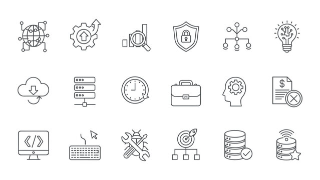 High quality thin line vector icon set for IT infrastructure and server management featuring cybersecurity and development symbols for professional web and mobile application dashboard design layout
