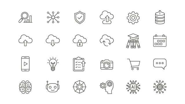 Professional icon set for educational and artificial intelligence technology featuring data management and digital learning symbols in a clean thin line vector style for modern web and mobile apps