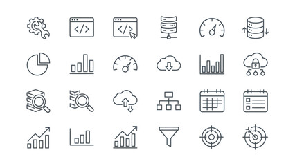 Fototapeta premium Advanced technology and data analytics line icon set featuring server infrastructure performance gauges and strategic planning tools for professional business dashboards