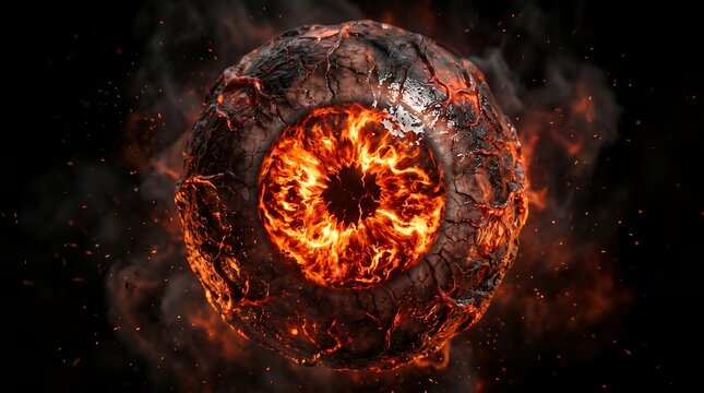 Eyeball orb made of cracked molten rock glows with intense internal fire and swirling smoke particles.