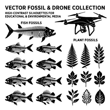 Fish fossils and drone silhouette collection.