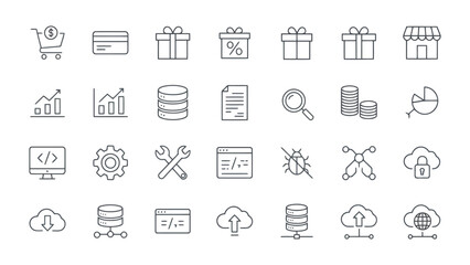 Fototapeta premium Business and web development line icons featuring shopping cart credit card gift box discount store growth chart database document magnifying glass coins pie chart code tools and cloud vector
