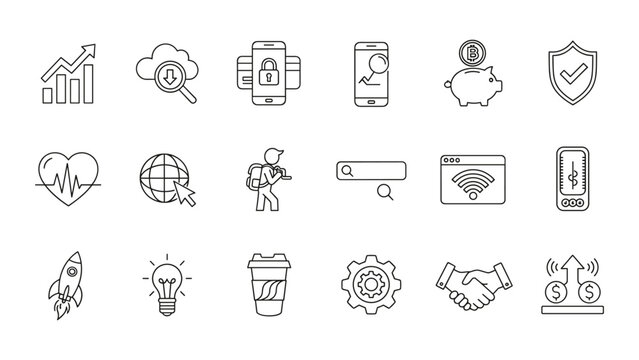 Creative collection of digital marketing and finance line icons showing search engine optimization growth charts blockchain technology and mobile security concepts for professional business web design