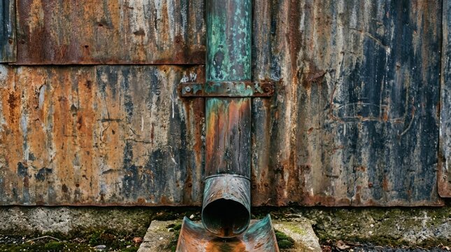 An aged copper downspout with a beautiful patina and rust gradient against a weathered metal wall