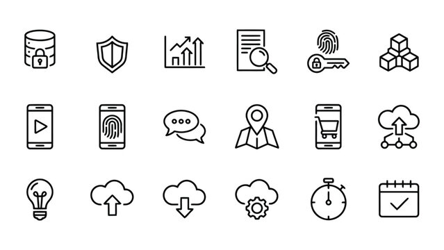 Professional collection of digital infrastructure and security outline icons for network management and data protection web applications