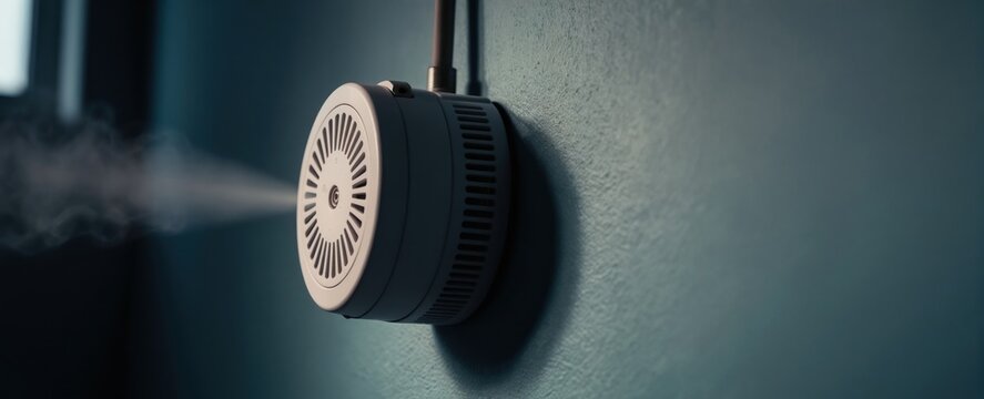 Carbon monoxide detector on wall emits white smoke. Device signals danger, potential gas leak, or fire. Safety sensor warns household occupants about hazardous air quality.