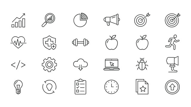 Minimalist black and white business and fitness icon set featuring growth charts search magnifying glass pie chart megaphone target heart rate shield dumbbell apple running person code gear cloud