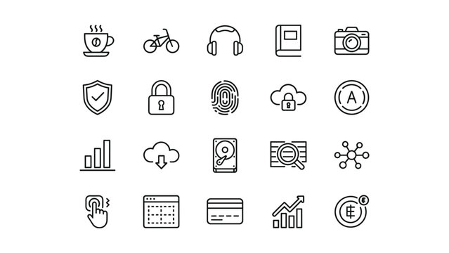 Versatile business and multimedia icon set featuring coffee cup bicycle headphones book camera shield checkmark lock fingerprint cloud security letter A graph download hard drive analysis network