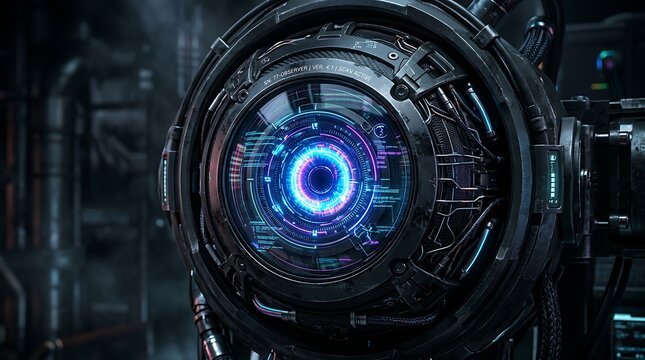 Robotic camera lens displays complex data overlays inside a dark mechanical housing with deep shadows and sharp metallic textures.