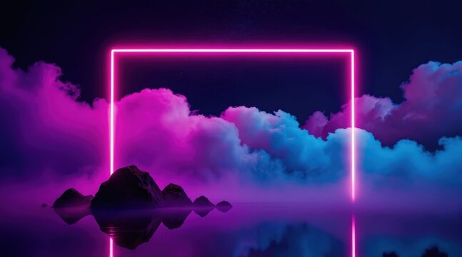 Neon rectangle frame floats above dark water with rocky islands. Colorful clouds swirl around frame under starry night sky. Surreal dreamscape reflects light and mist.