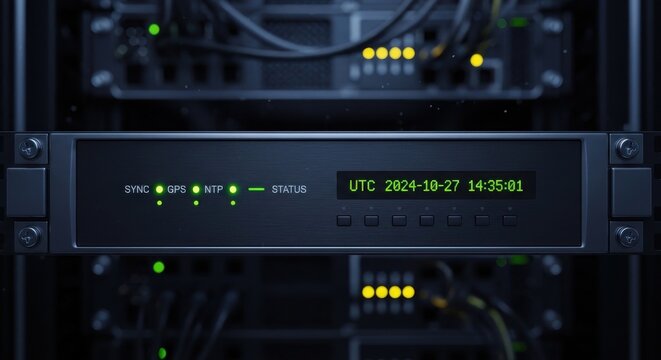 Close-up on a network time server unit displaying precise UTC time with status indicators and glowing LEDs